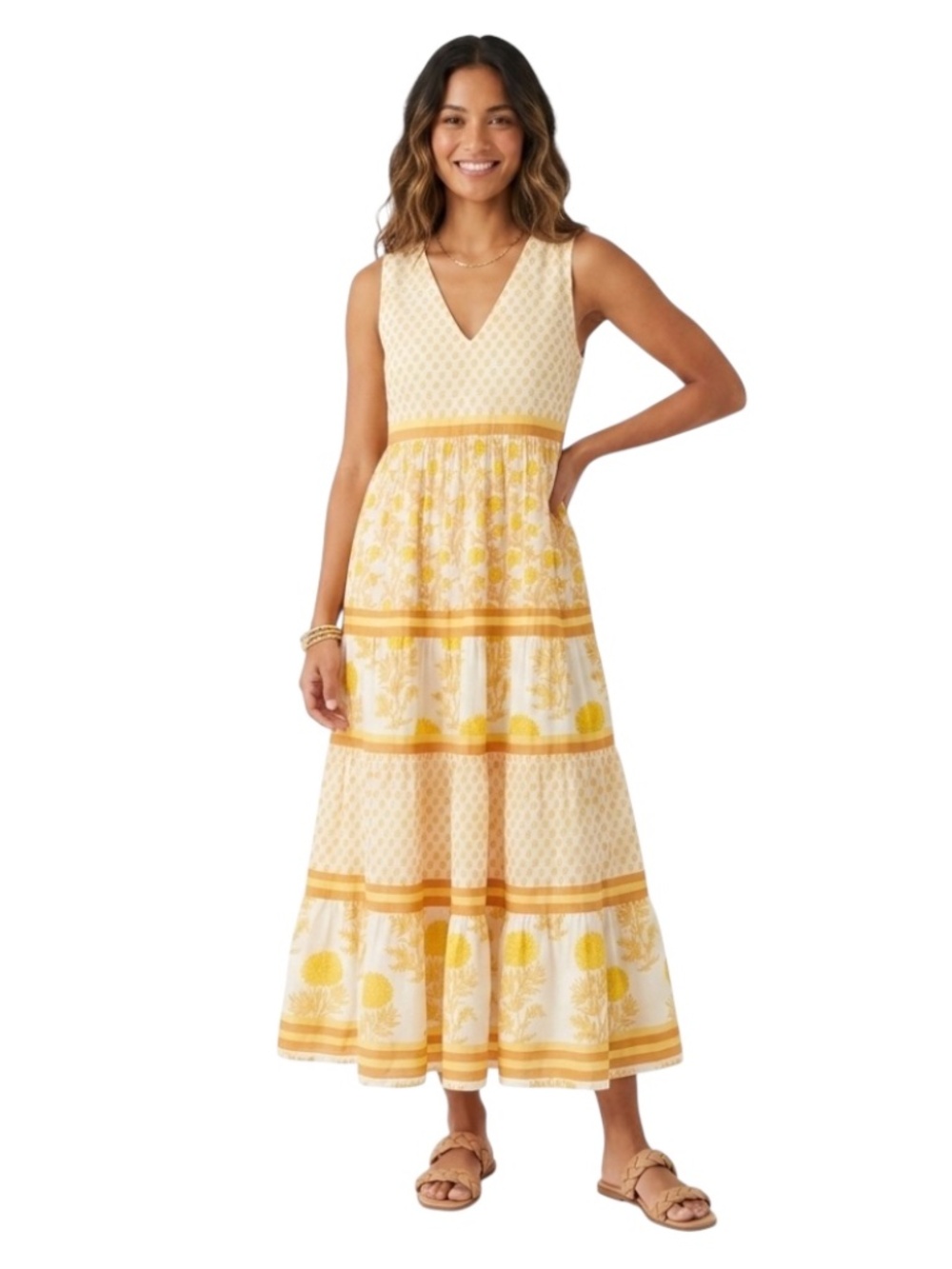 Chelsea & Theodore Maxi Tiered Dress Sz M Yellow Cottagecore Boho Chic Prairie